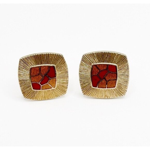 Vintage Cloisonne Style Red Gold Tone Cufflinks - Picture 1 of 3
